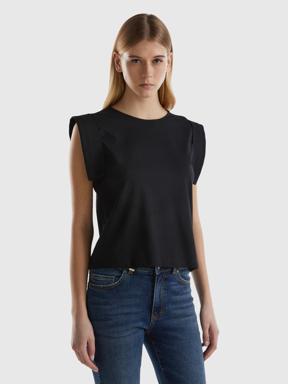 Benetton, T-shirt With Angel Sleeves, Black, Women