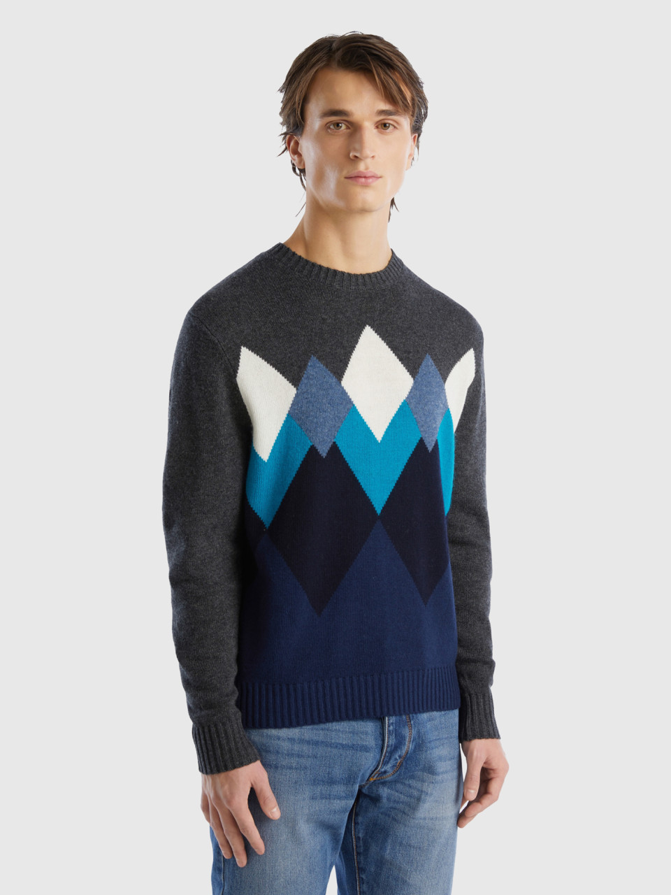 Benetton, Sweater With Geometric Pattern, Dark Gray, Men