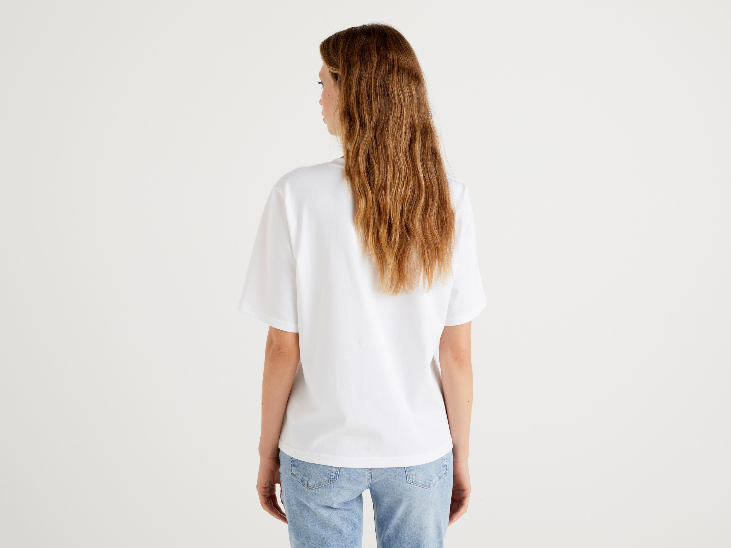 Benetton, 100% Organic Cotton T-Shirt With Logo Print, Taglia L, White, Women