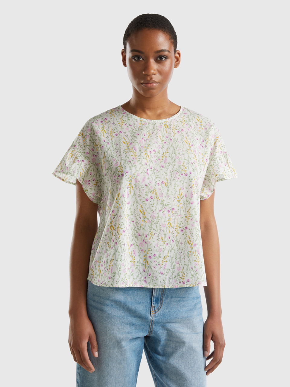 Benetton, Patterned Blouse In Light Cotton, Multi-color, Women