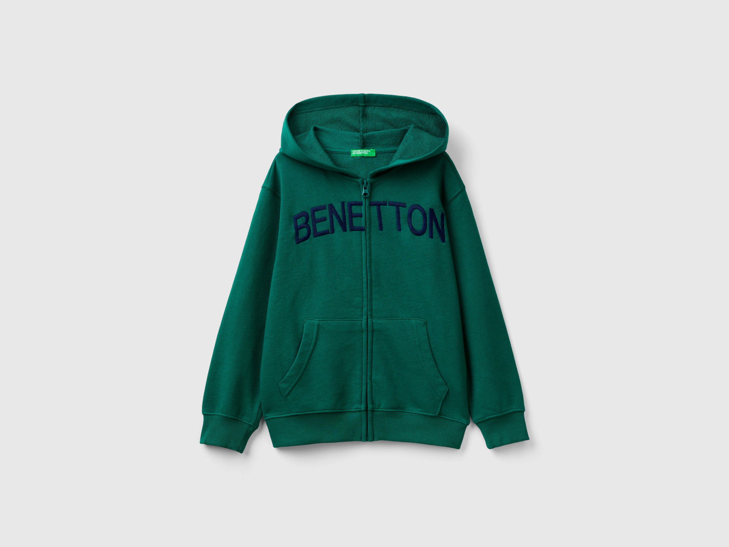 Benetton, Felpa Con Zip E Ricamo Logo, Verde Scuro, Bambini