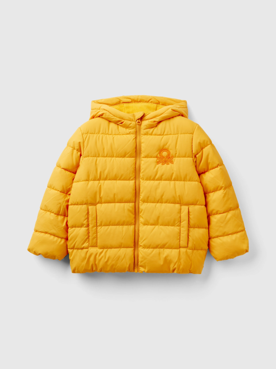 Benetton, Puffer Jacket With Hood And Logo, Yellow, Kids
