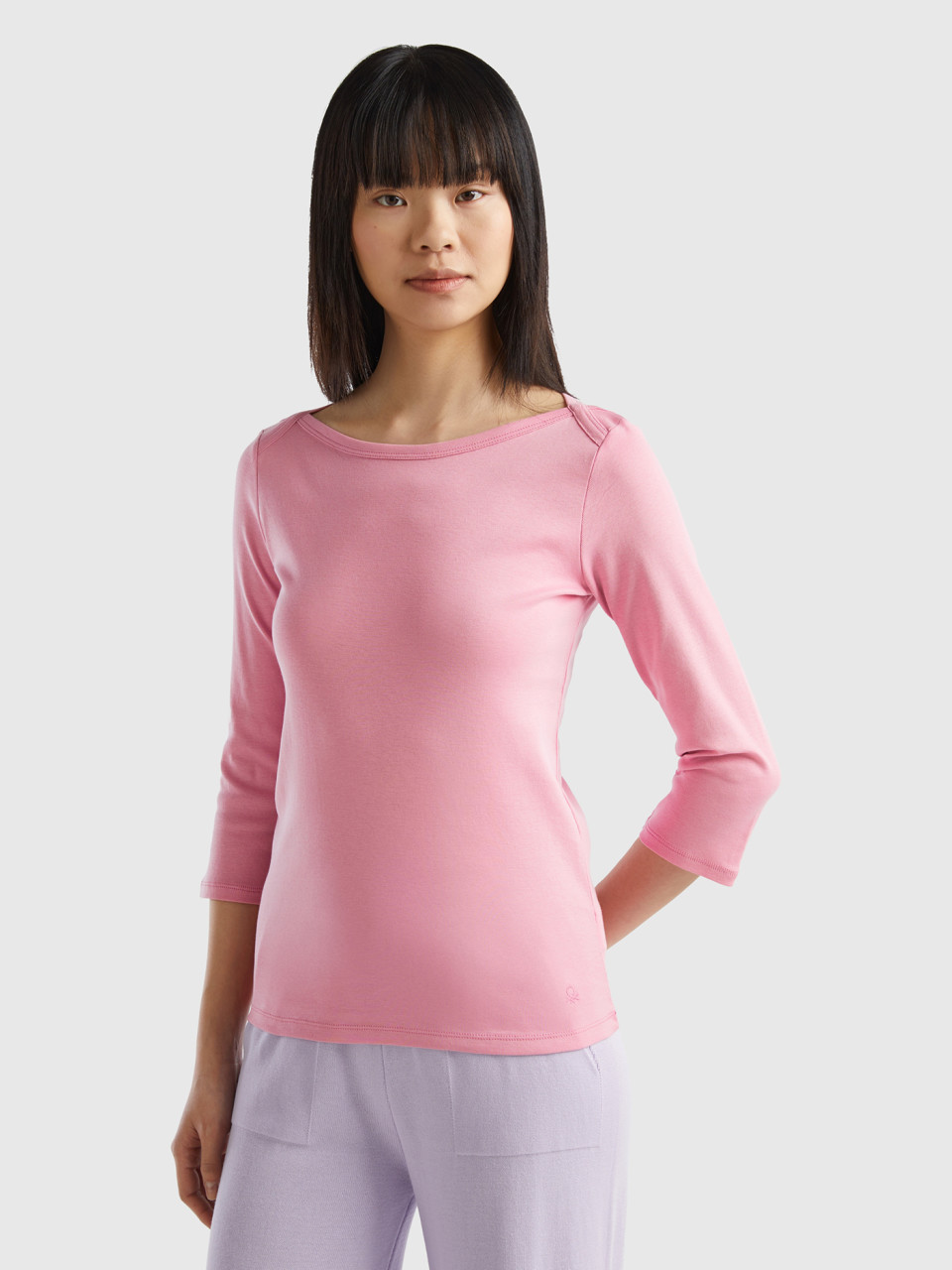 Benetton, T-shirt Mit U-bootausschnitt Aus 100% Baumwolle, Pastellrosa, female