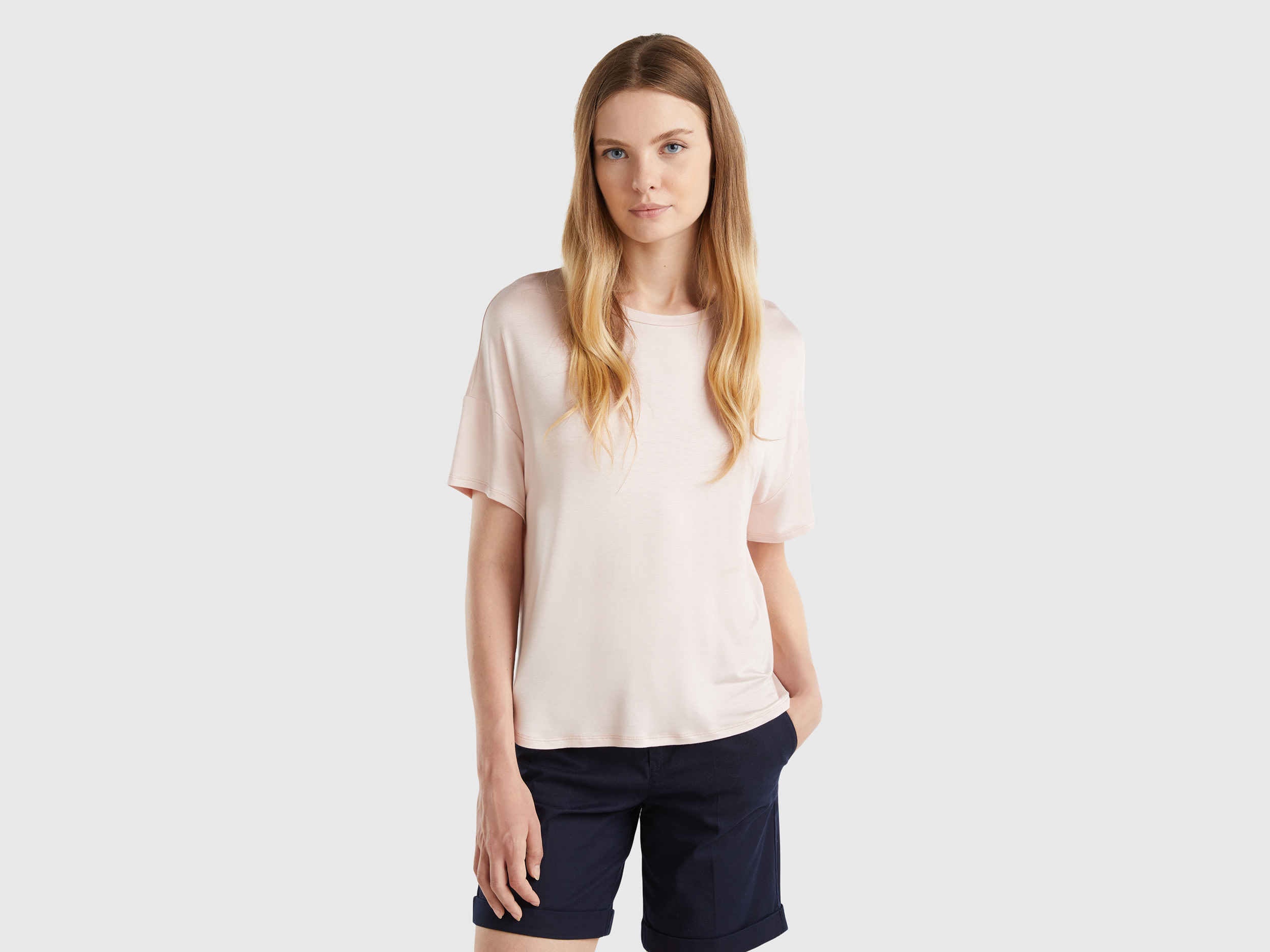 Benetton, T-shirt In Viscosa Sostenibile Stretch, Rosa Tenue, Donna