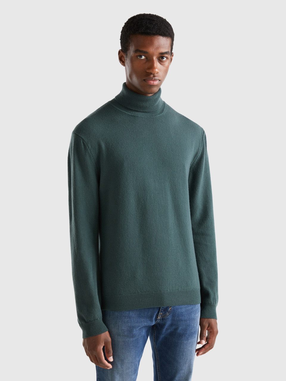 Benetton, Dark Green Turtleneck In Pure Merino Wool, Dark Green, Men