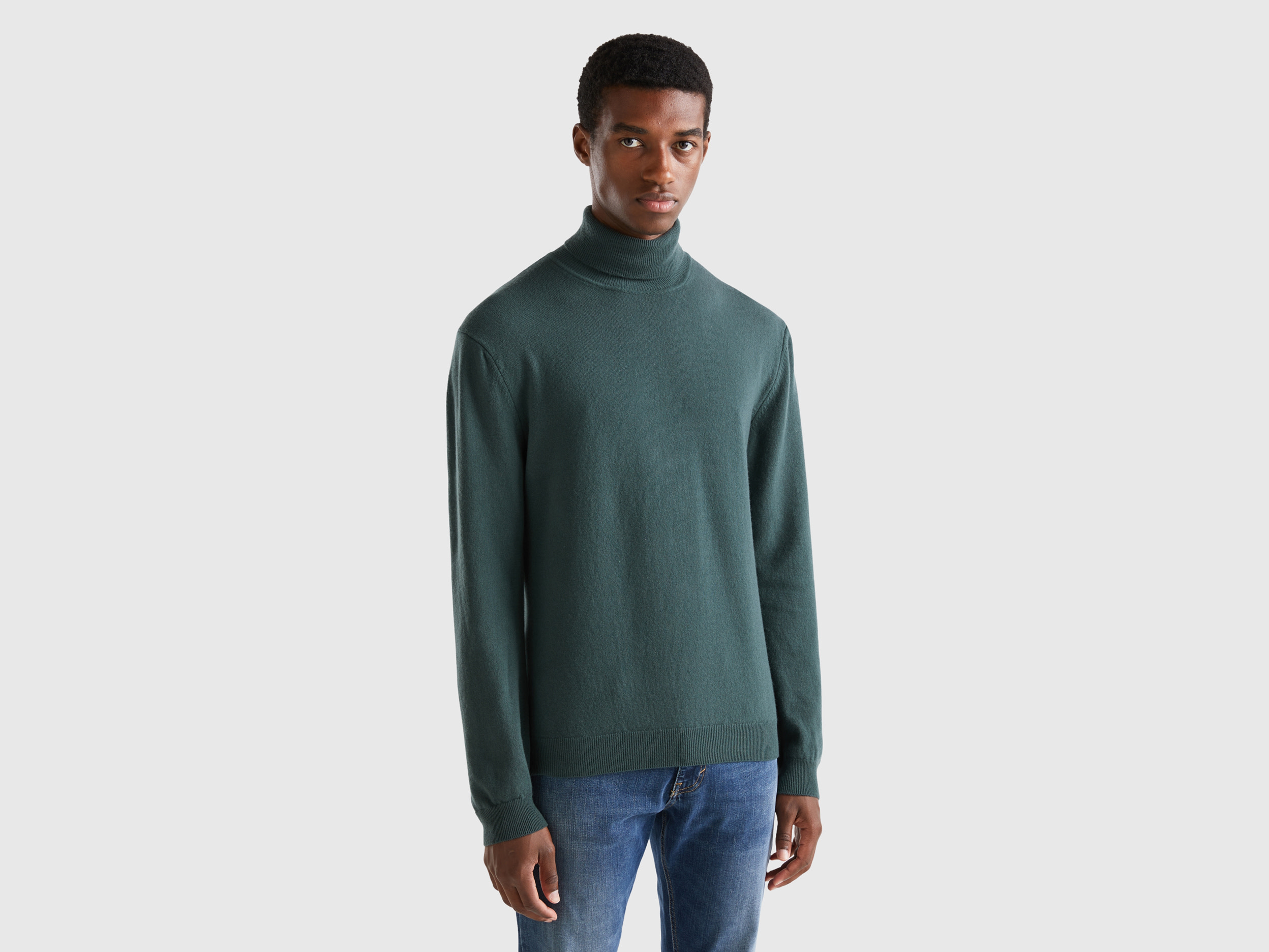Benetton, Dark Green Turtleneck In Pure Merino Wool, size XXL, Dark Green, Men