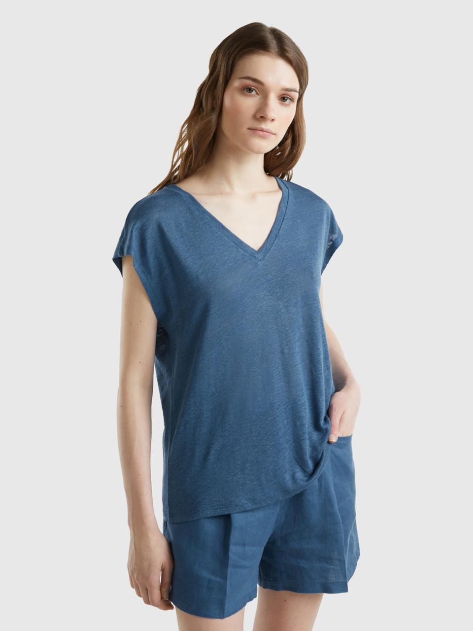 Benetton, V-neck T-shirt In Pure Linen, Air Force Blue, Women