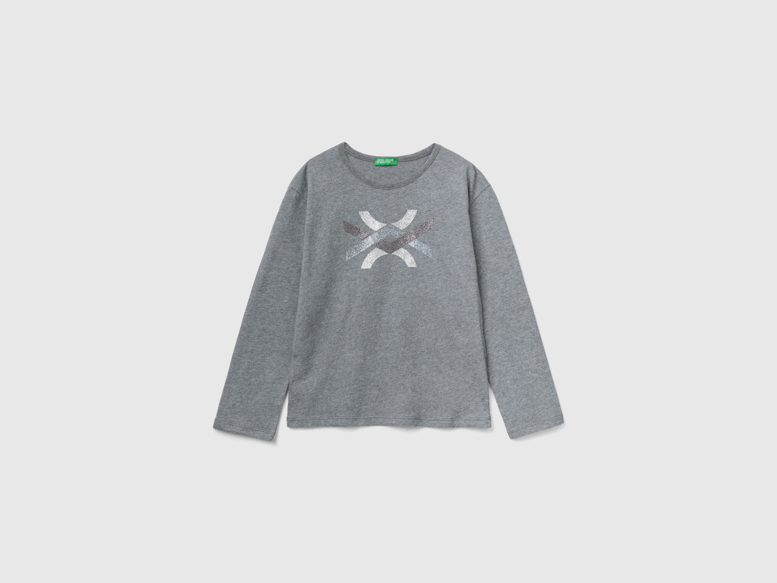 Benetton, T-shirt In Warm Organic Cotton With Glitter, size XL, Dark Gray, Kids