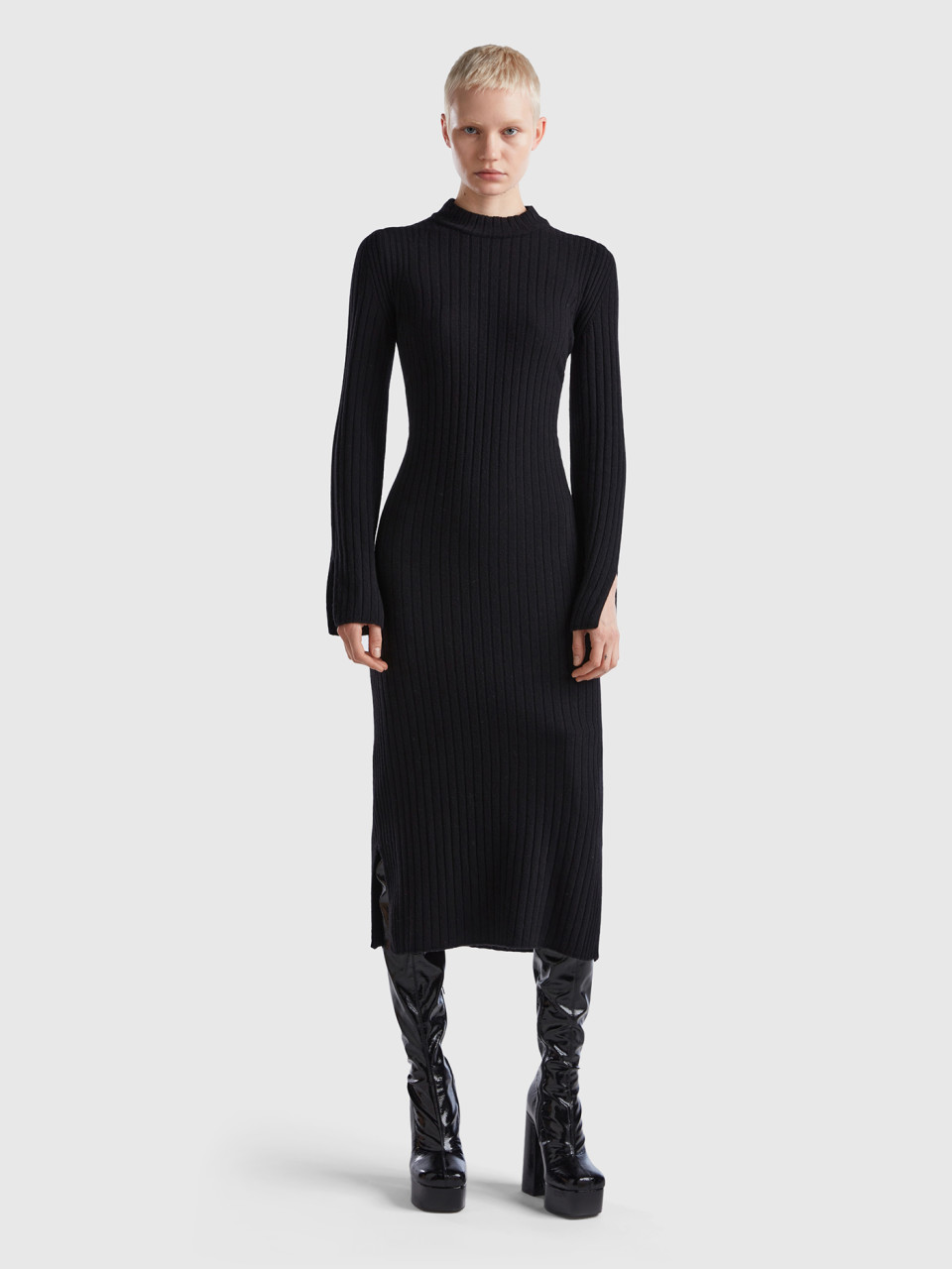 Benetton, Knit Dress With Slits, Black, Women
