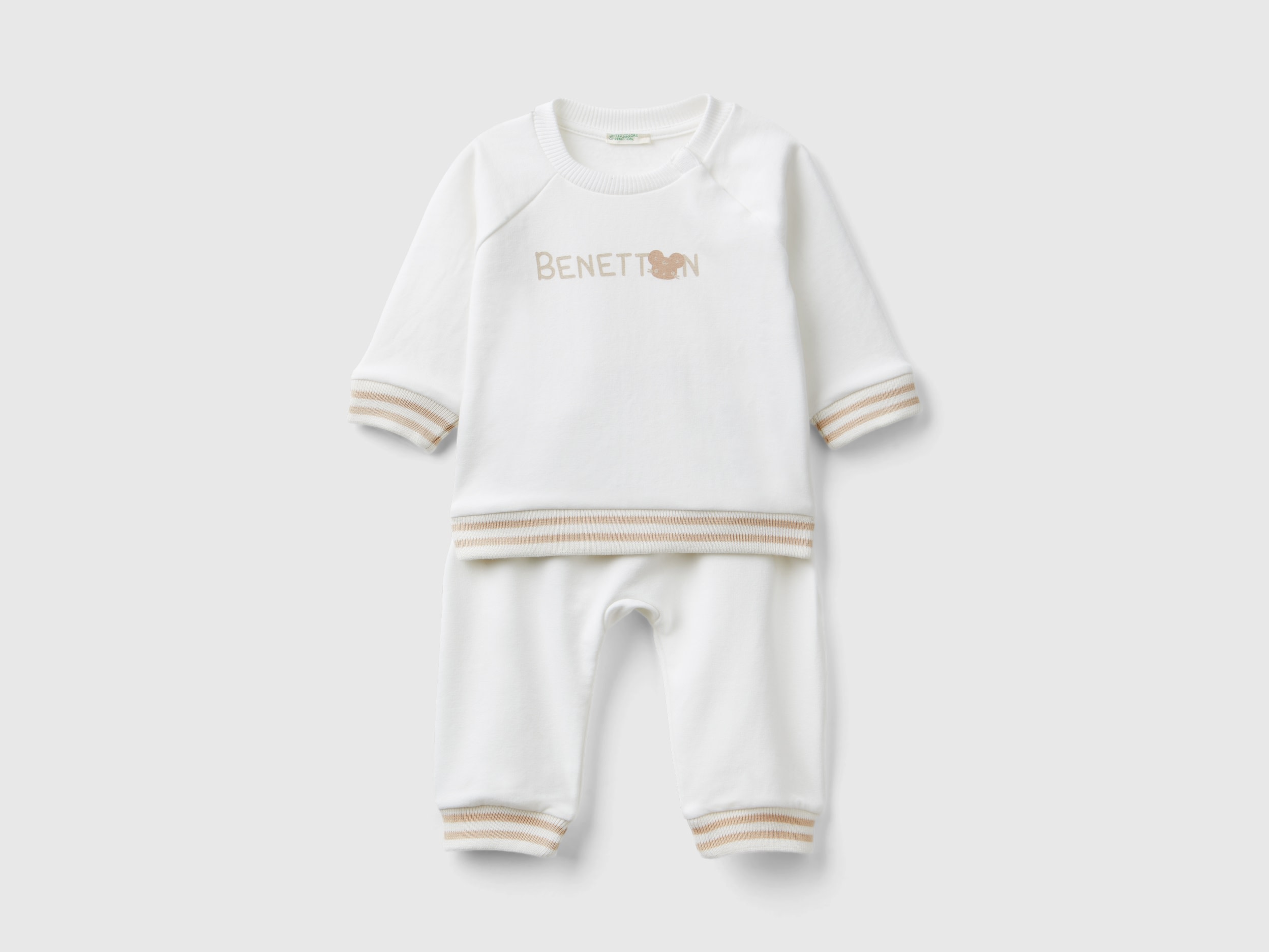 Benetton, Completino In Felpa Leggera, Bianco Panna, Bambini