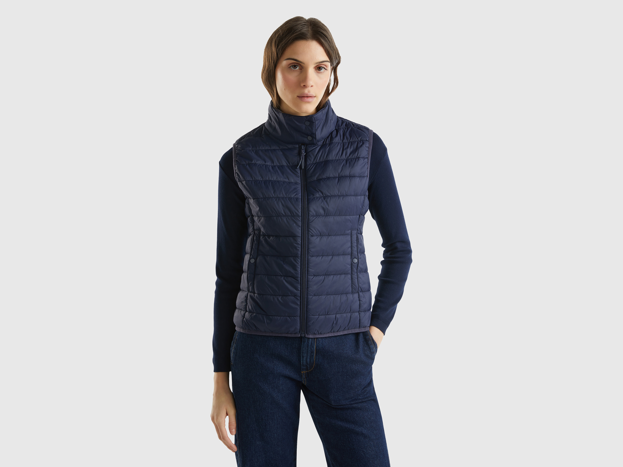 Image of Benetton, Sleeveless Puffer Jacket With Recycled Wadding, size L, Dark Blue, Women