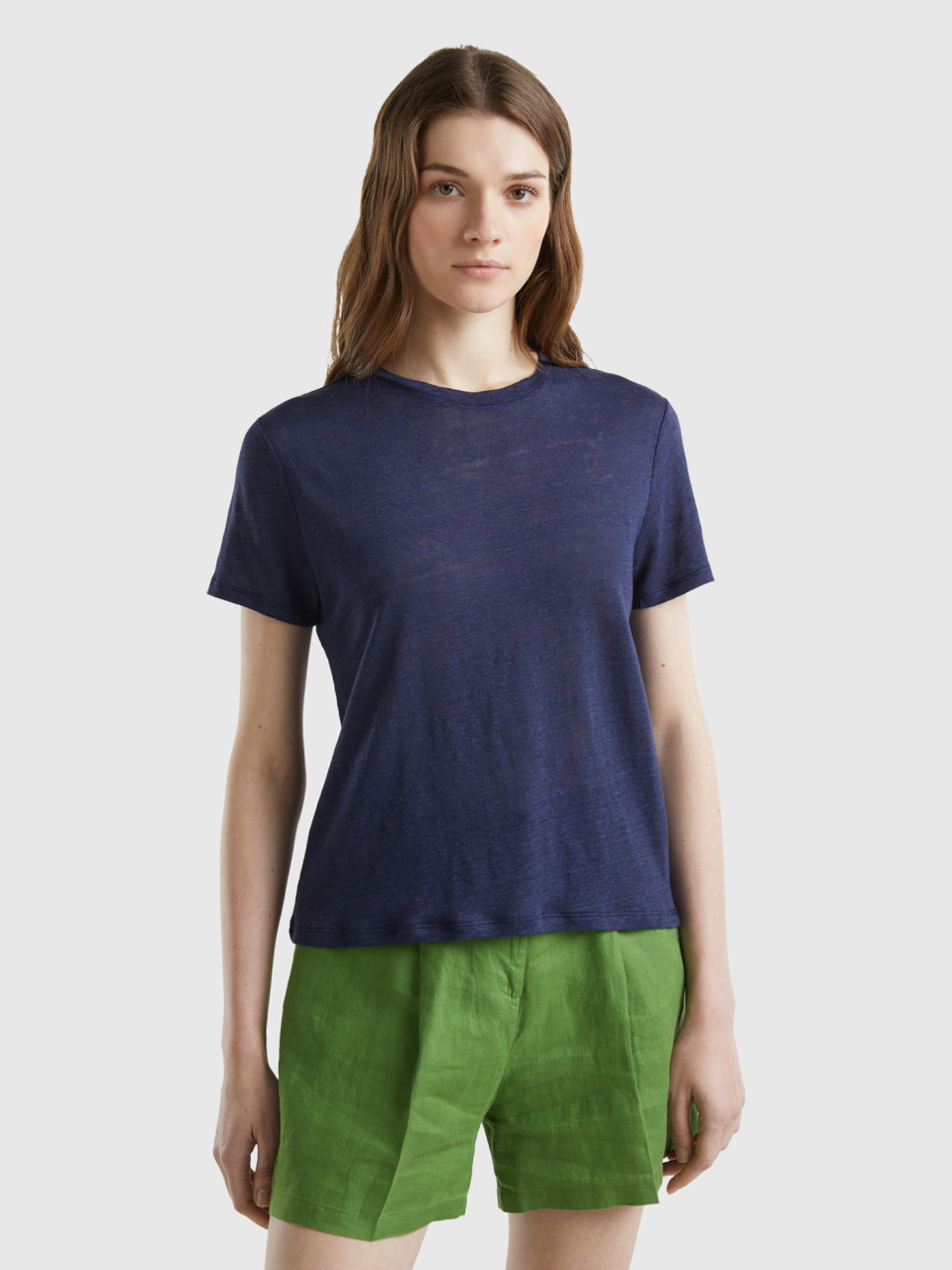Benetton, Crew Neck T-shirt In Pure Linen, Dark Blue, Women