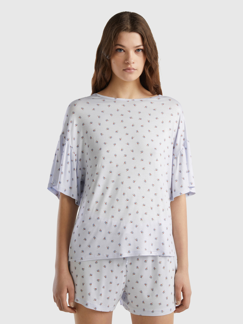 Benetton, Camiseta De Flores De Viscosa Sostenible, Blanco, Mujer