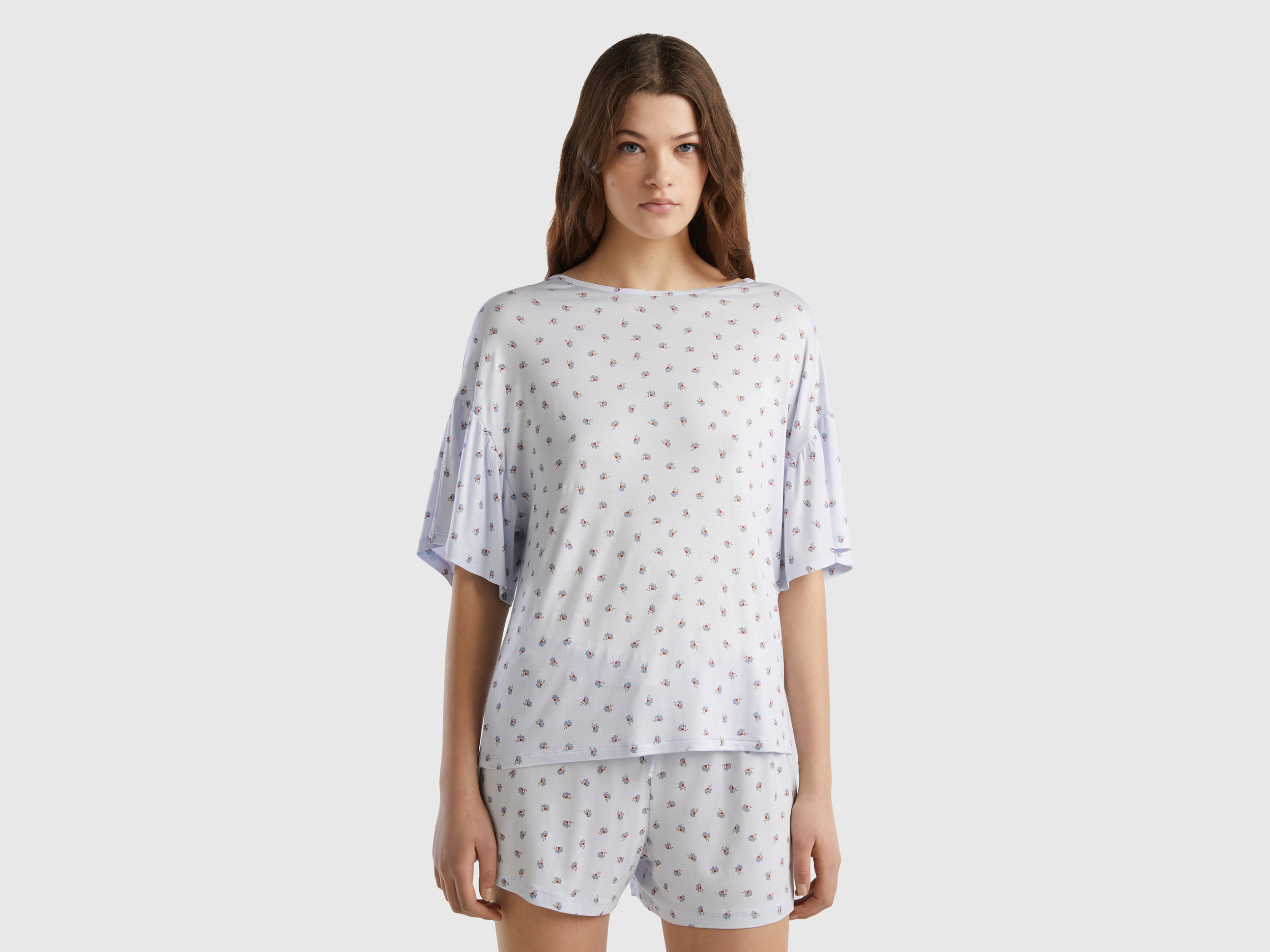 Benetton, T-shirt A Fiori In Viscosa Sostenibile, Bianco, Donna