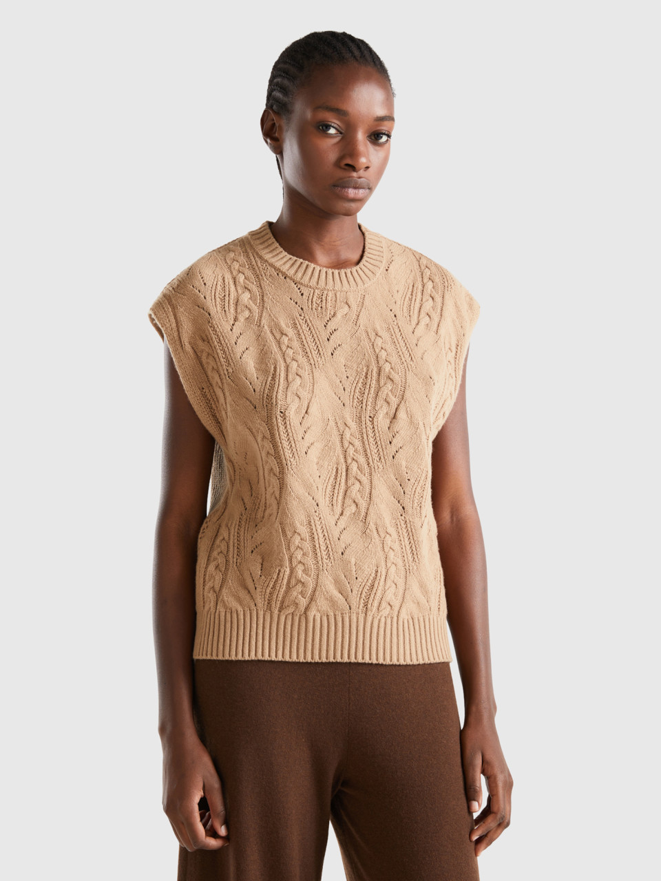 Benetton, Knit Vest In Wool Blend, Beige, Women