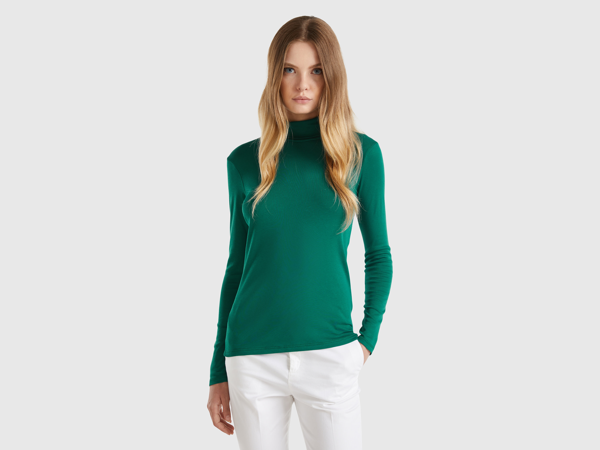 Benetton, T-shirt A Manica Lunga Con Collo Alto, Verde Scuro, Donna