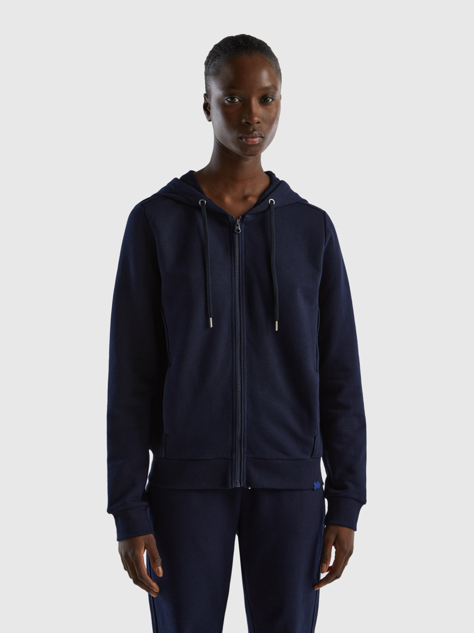 Benetton, 100% Cotton Sweatshirt With Zip And Hood, Dark Blue, Women