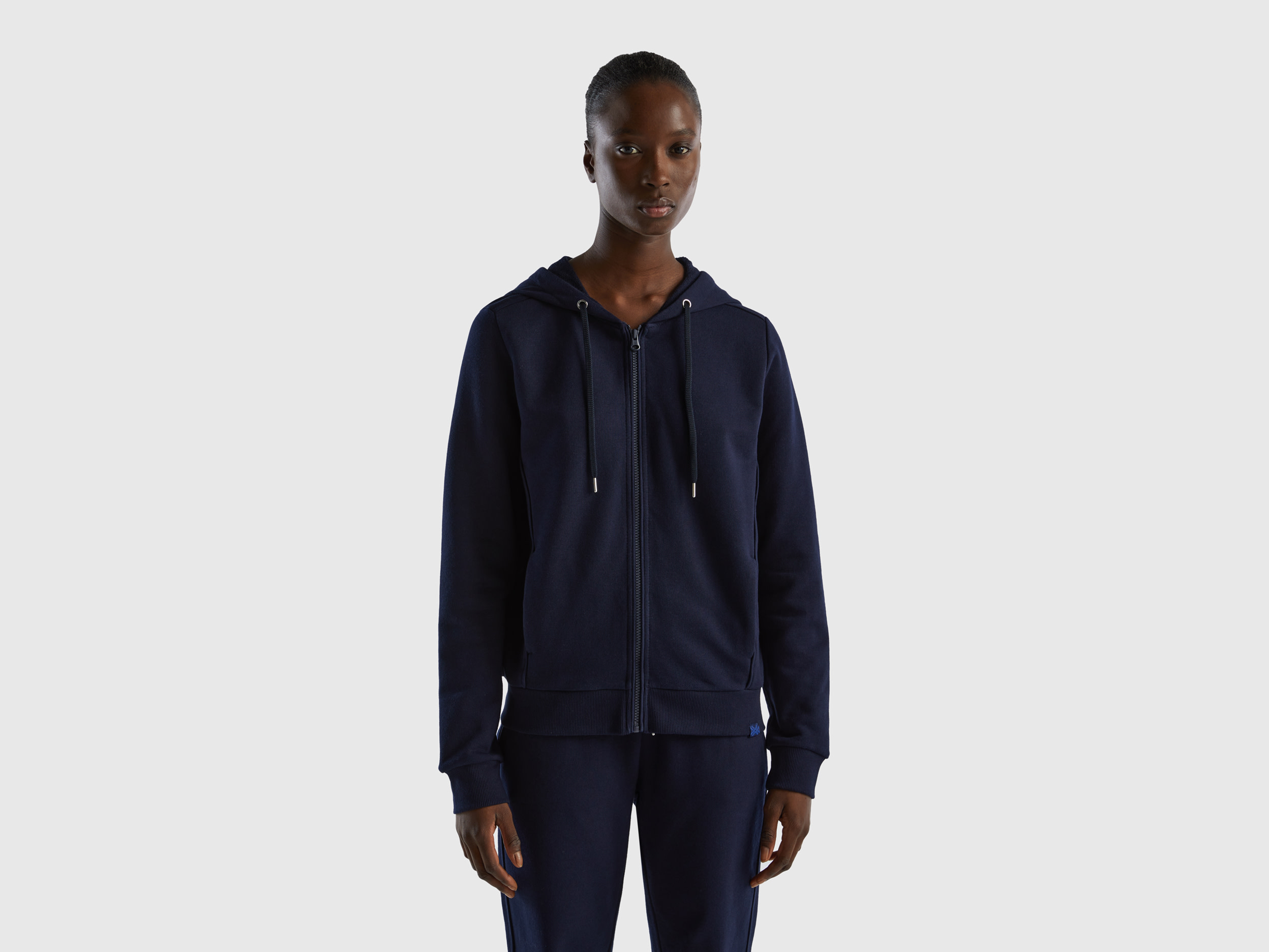 Benetton, 100% Cotton Sweatshirt With Zip And Hood, size XL, Dark Blue, Women