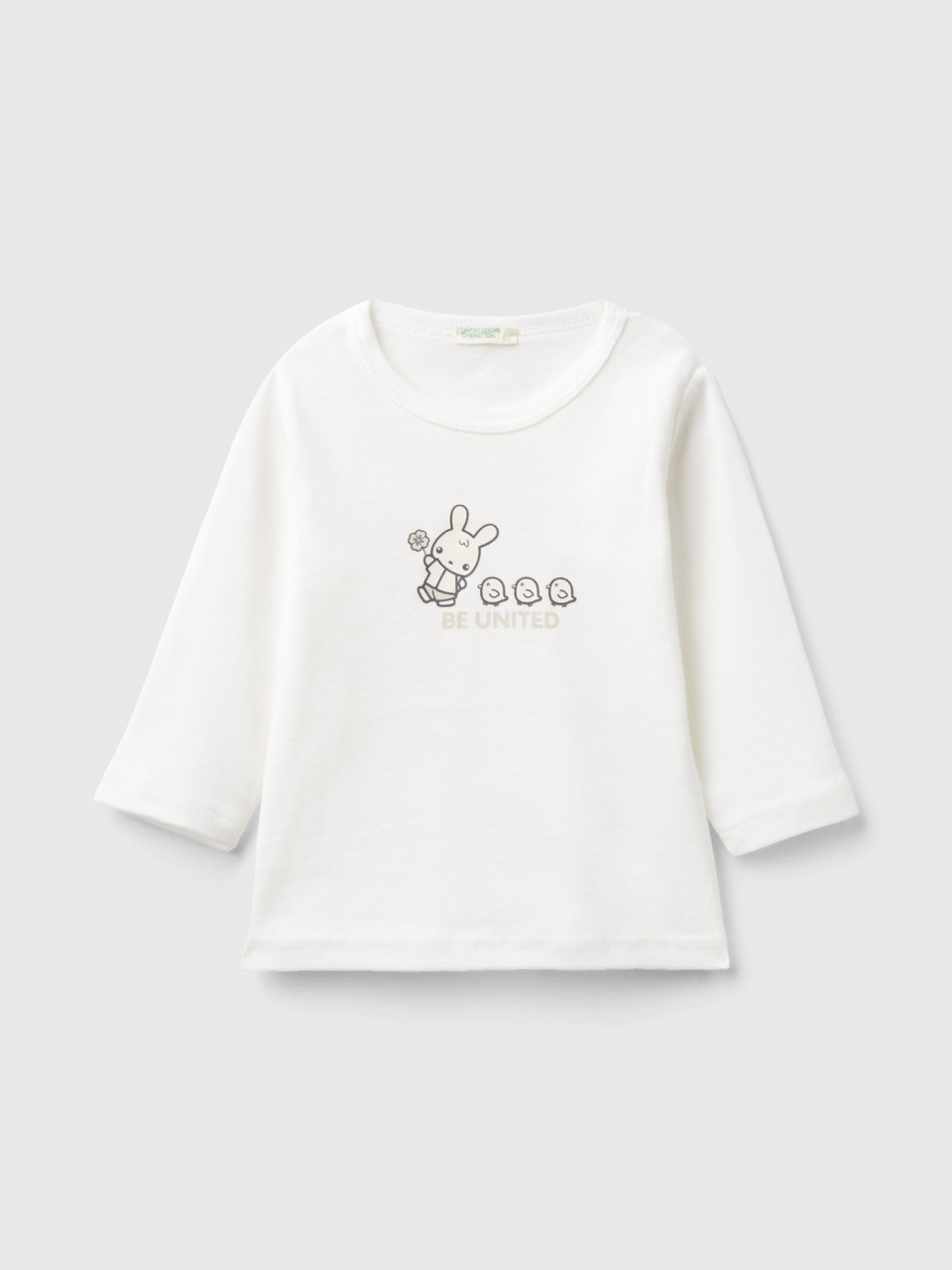 Benetton, Camiseta De Manga Larga De 100 % Algodón Orgánico, Blanco Crema, Niños