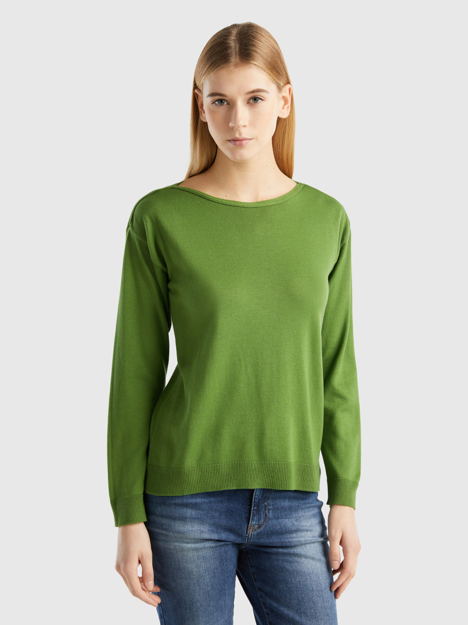 Benetton, Boat Neck Sweater, Military Green, Women