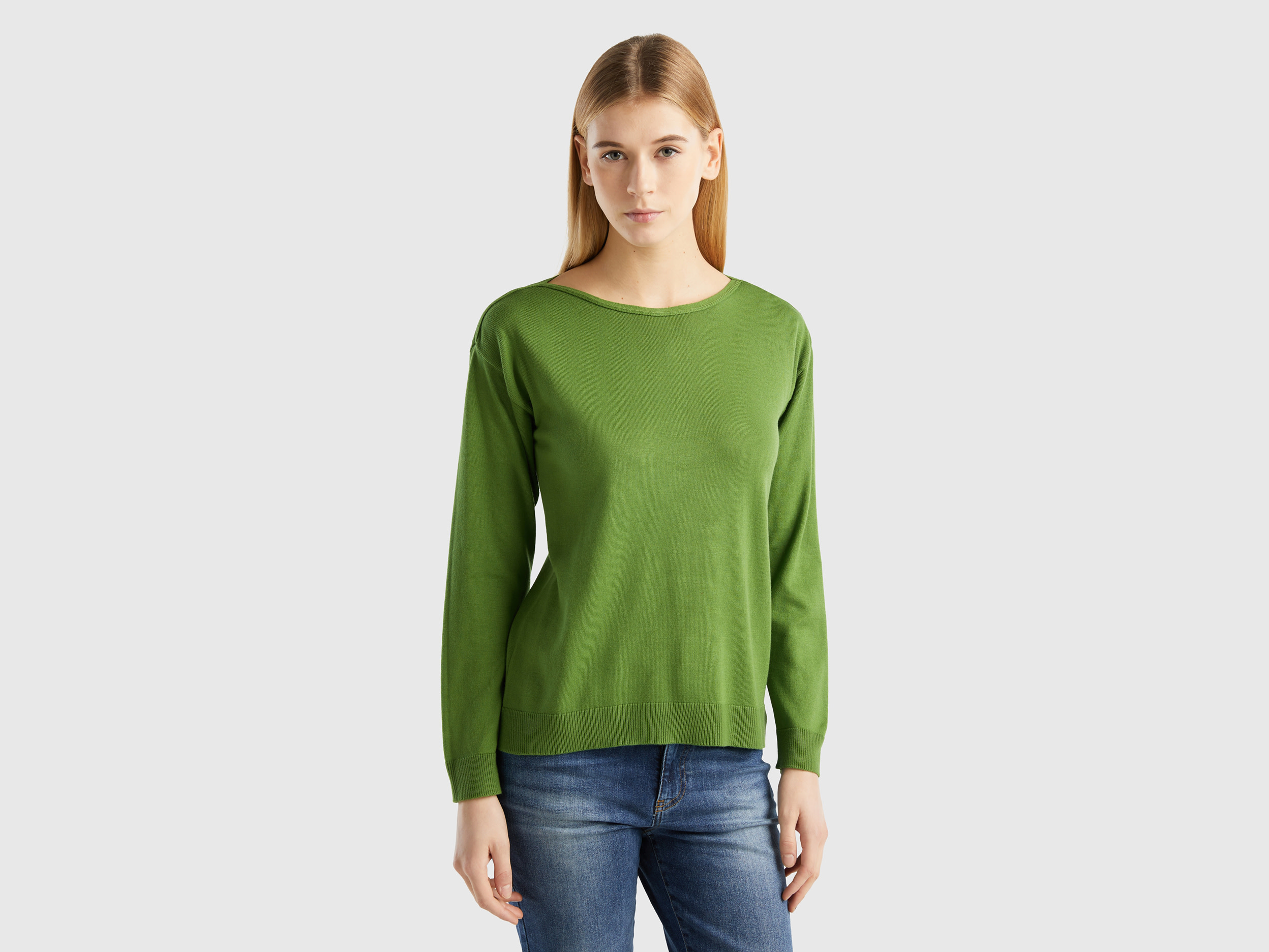 Benetton, Maglia Con Scollo A Barchetta, Verde Militare, Donna
