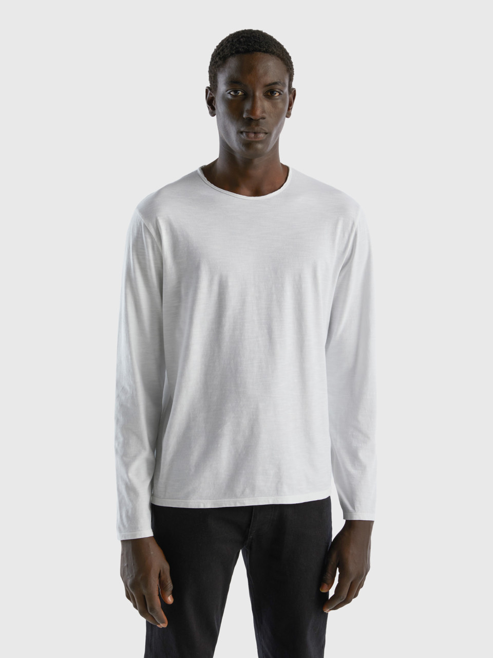Benetton, Long Sleeve T-shirt In 100% Cotton, White, Men