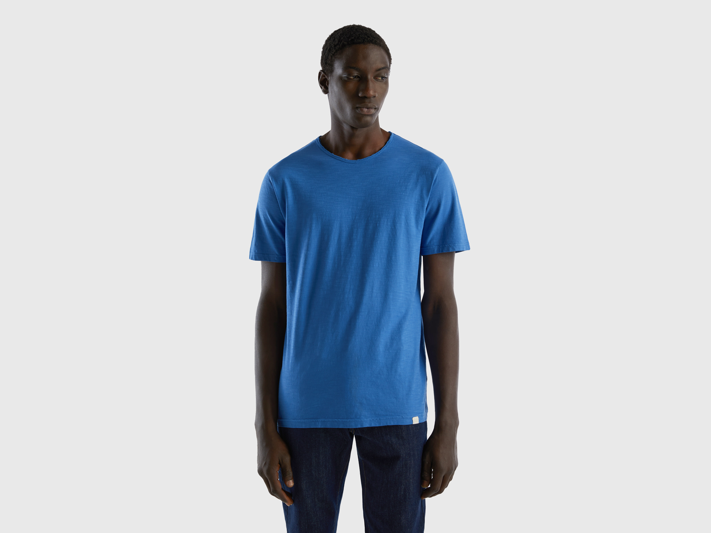 Benetton, T shirt Azzurra In Cotone Fiammato, Azzurro, Uomo