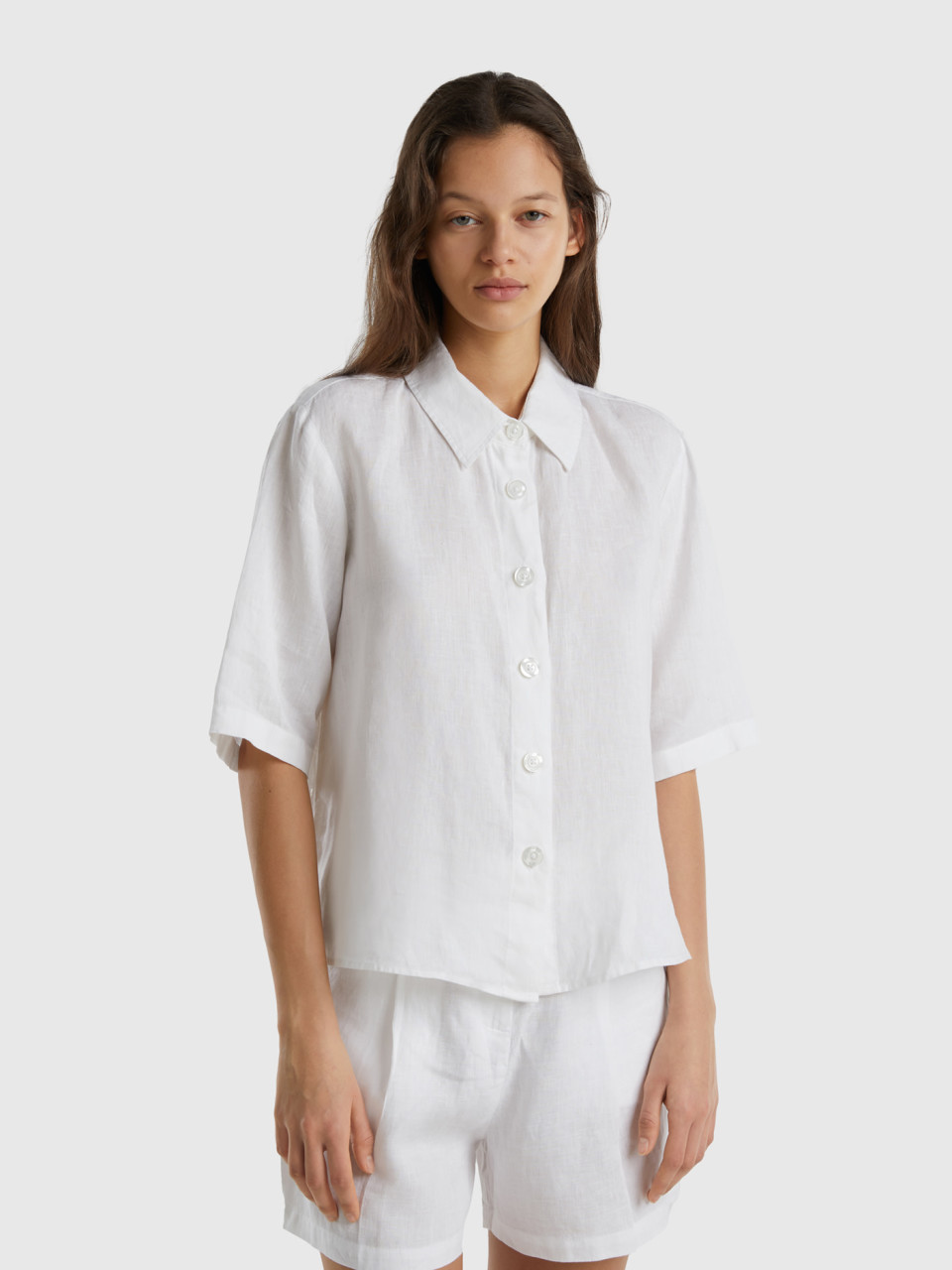 Benetton, Short Shirt In Pure Linen, White, Women