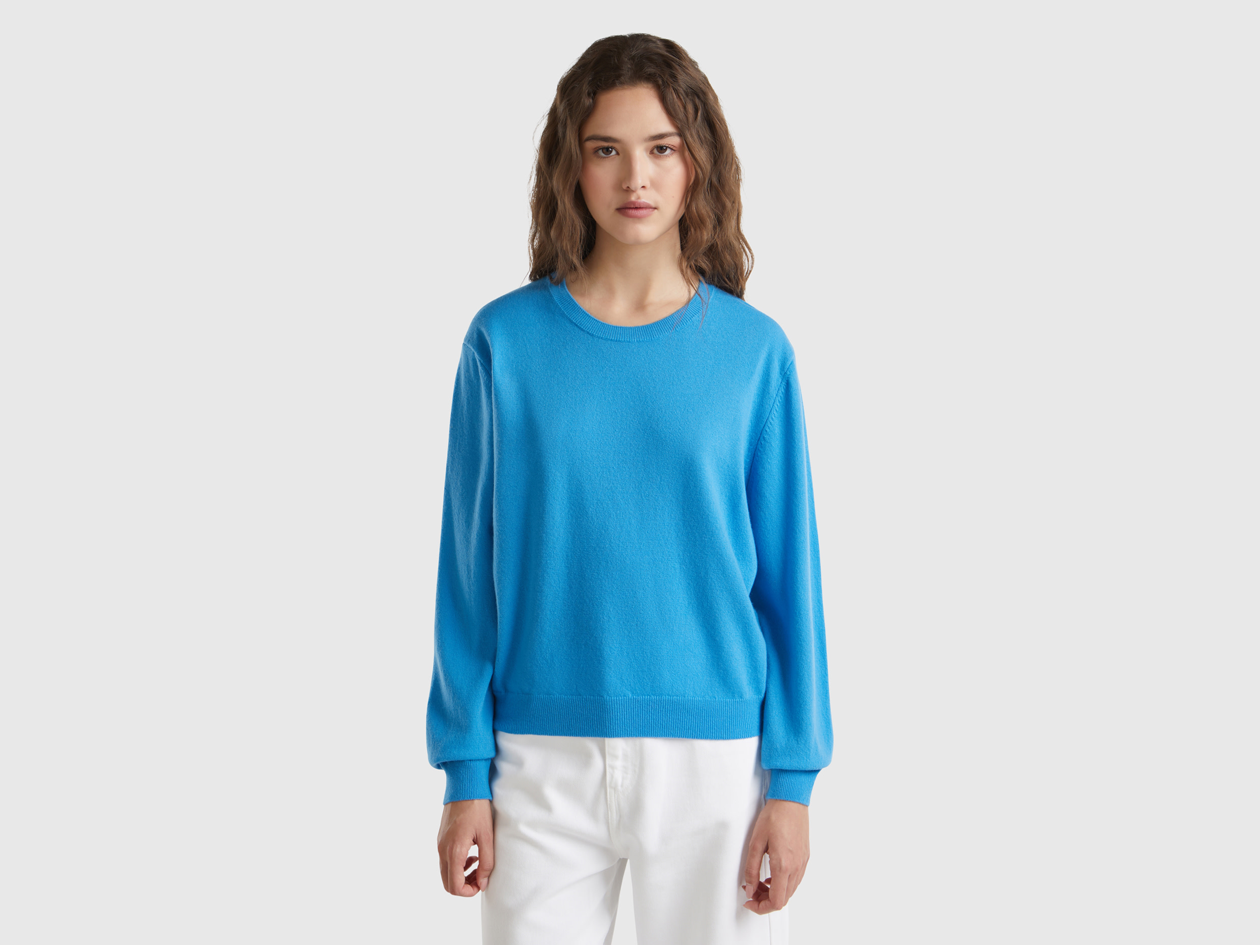 Benetton, Maglia Relaxed Fit In Pura Lana Merino, Azzurro, Donna