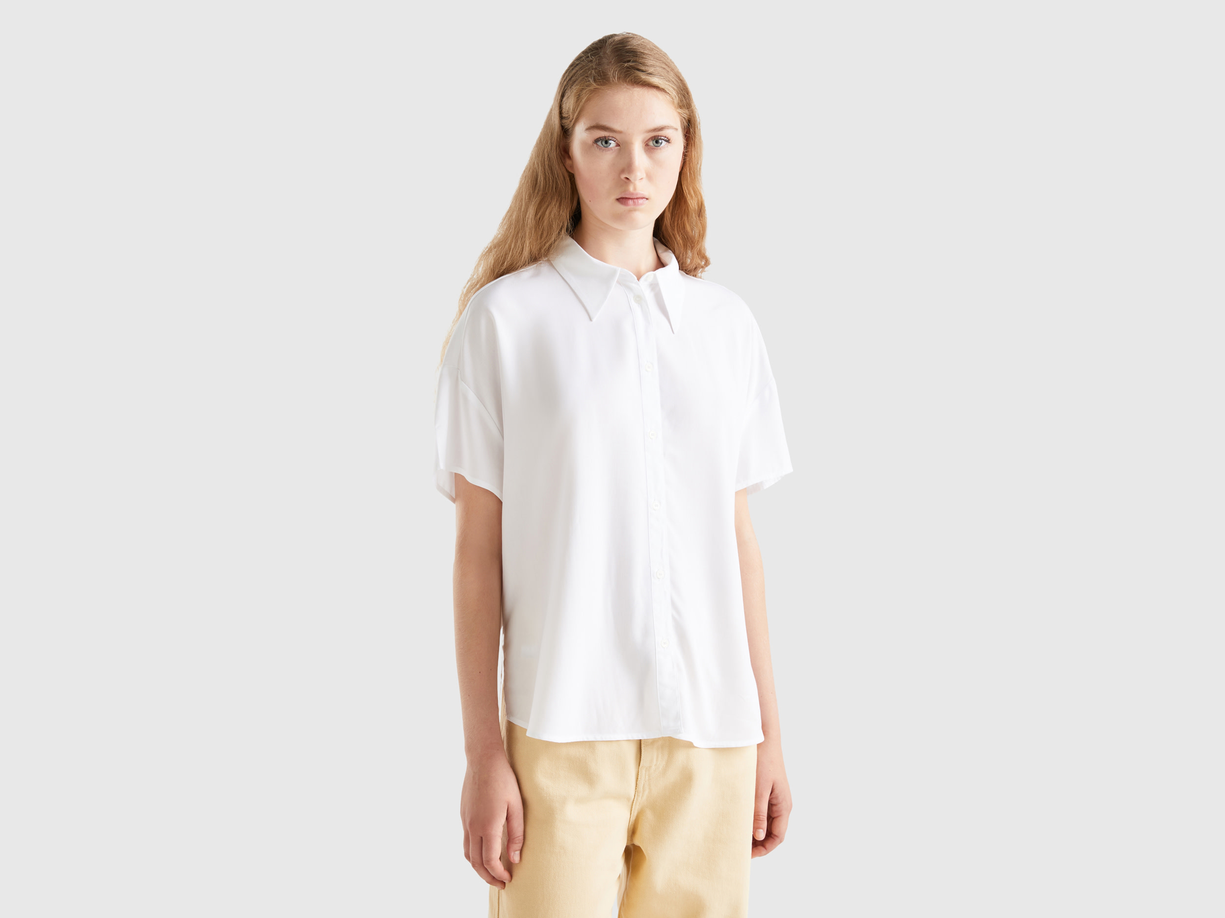 Benetton, Short Sleeve Shirt In Sustainable Viscose, size XXS, White, Women