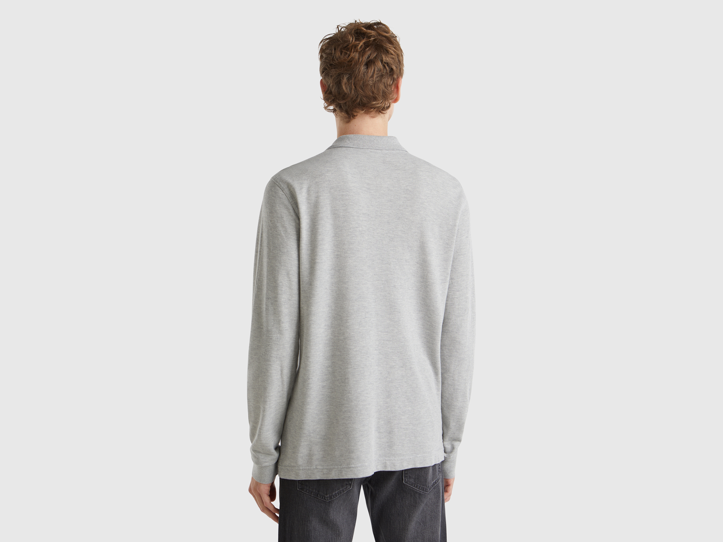 Benetton, Πόλο Μακρυμάνικο Από Βαμβακερό, size L, Ανοιχτο Γκρι, Ανδρικά φωτογραφία