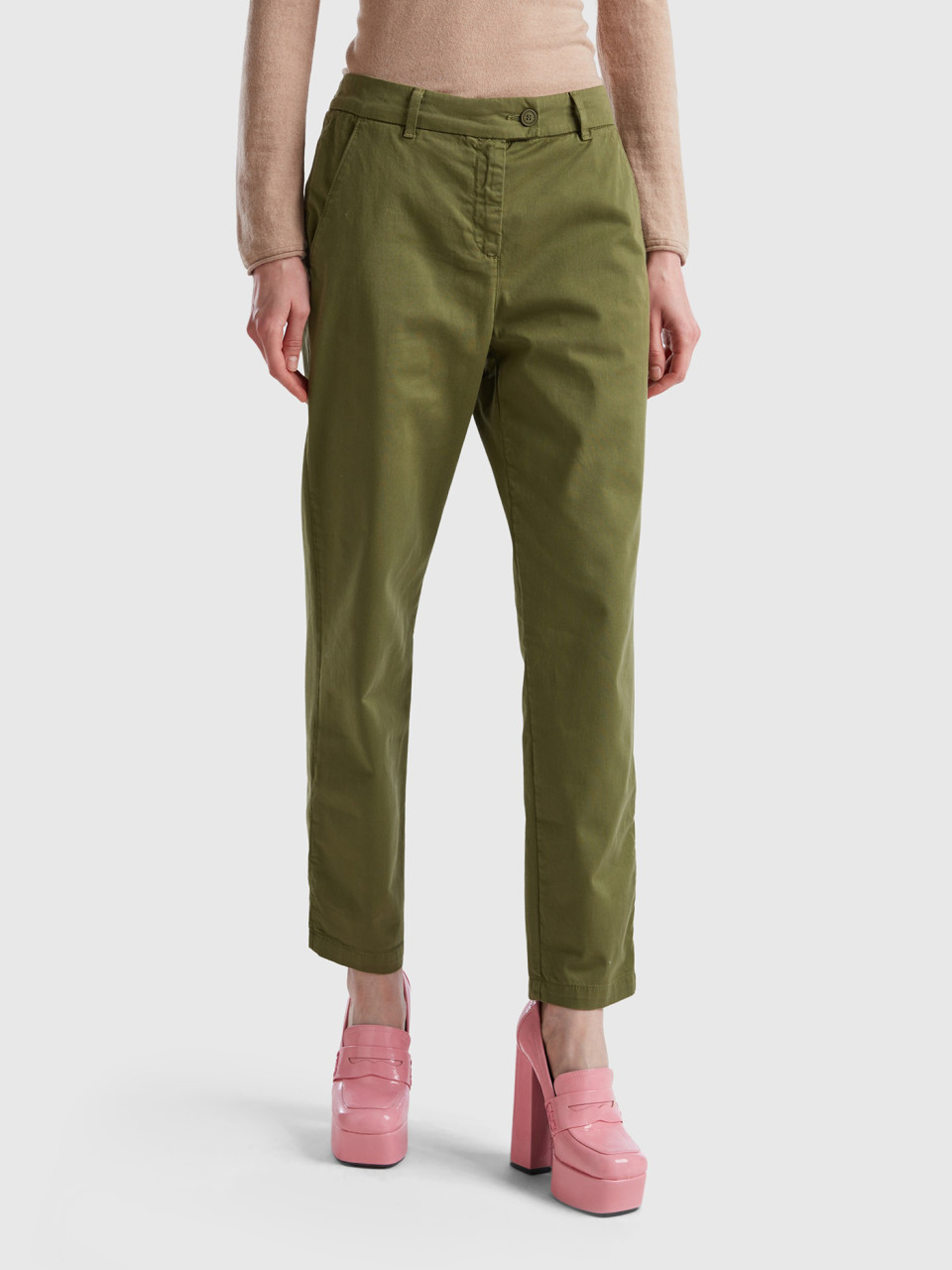Benetton, Stretch Cotton Chino Trousers, Military Green, Women