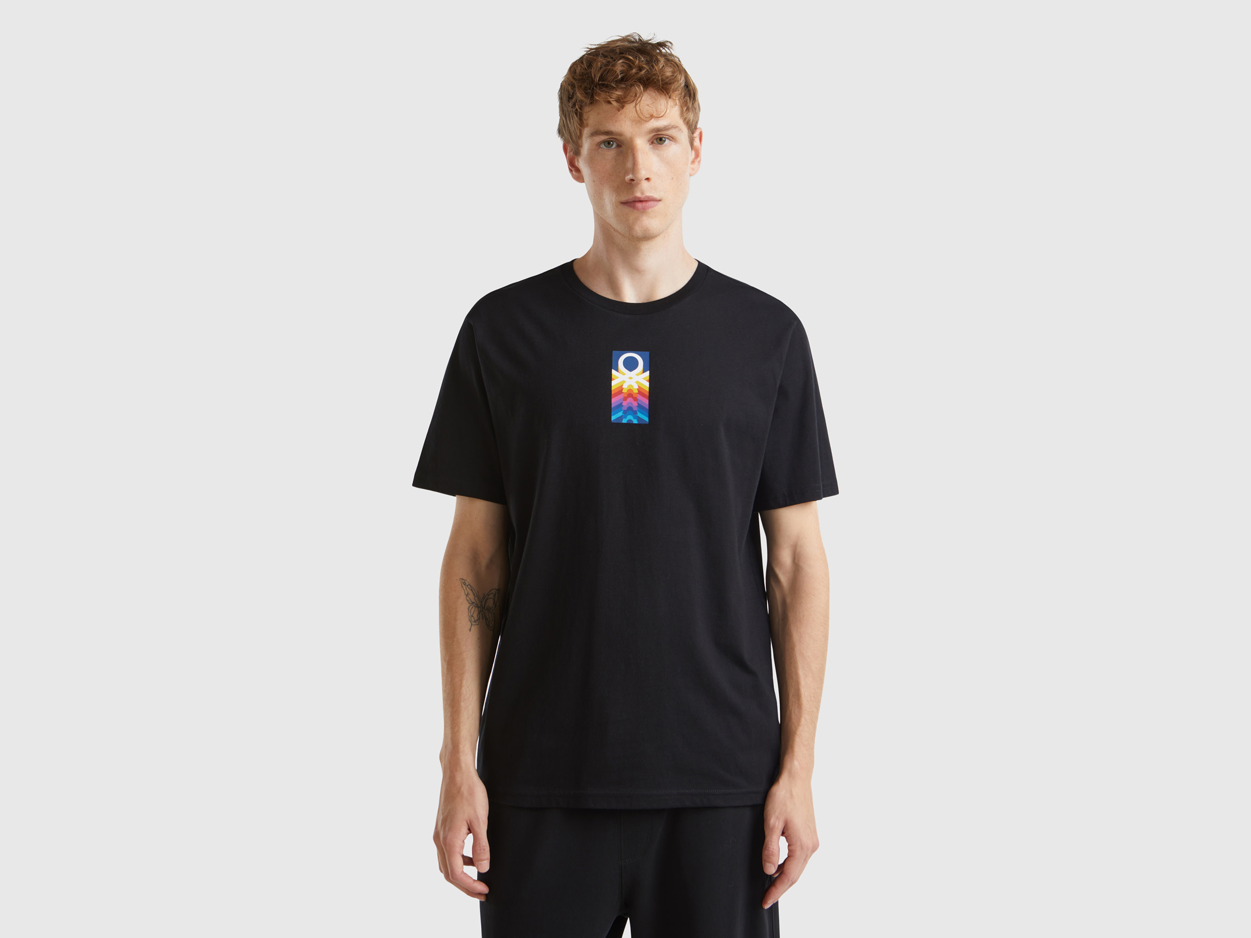 Benetton, T-shirt Nera In Cotone Bio Con Logo, Nero, Uomo