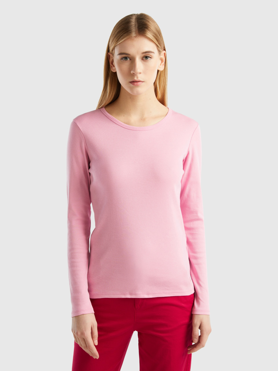 Benetton, T-shirt Manches Longues En Pur Coton, Rose Pastel, Femme