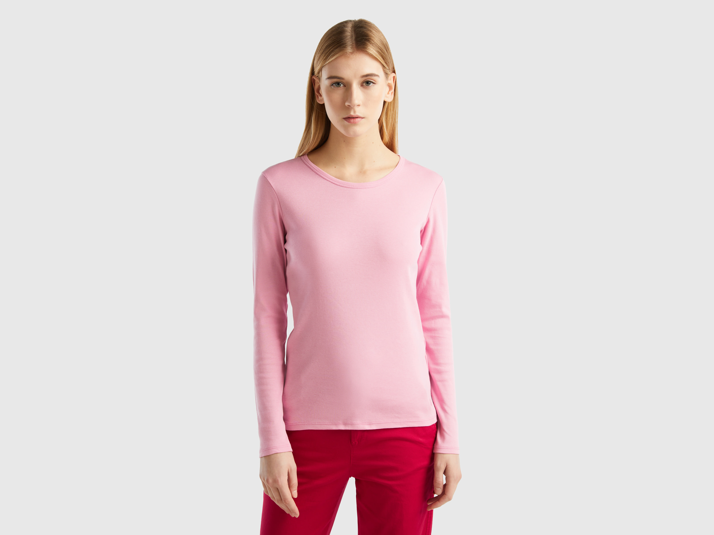 Benetton, Long Sleeve Pure Cotton T-shirt, size M, Pastel Pink, Women