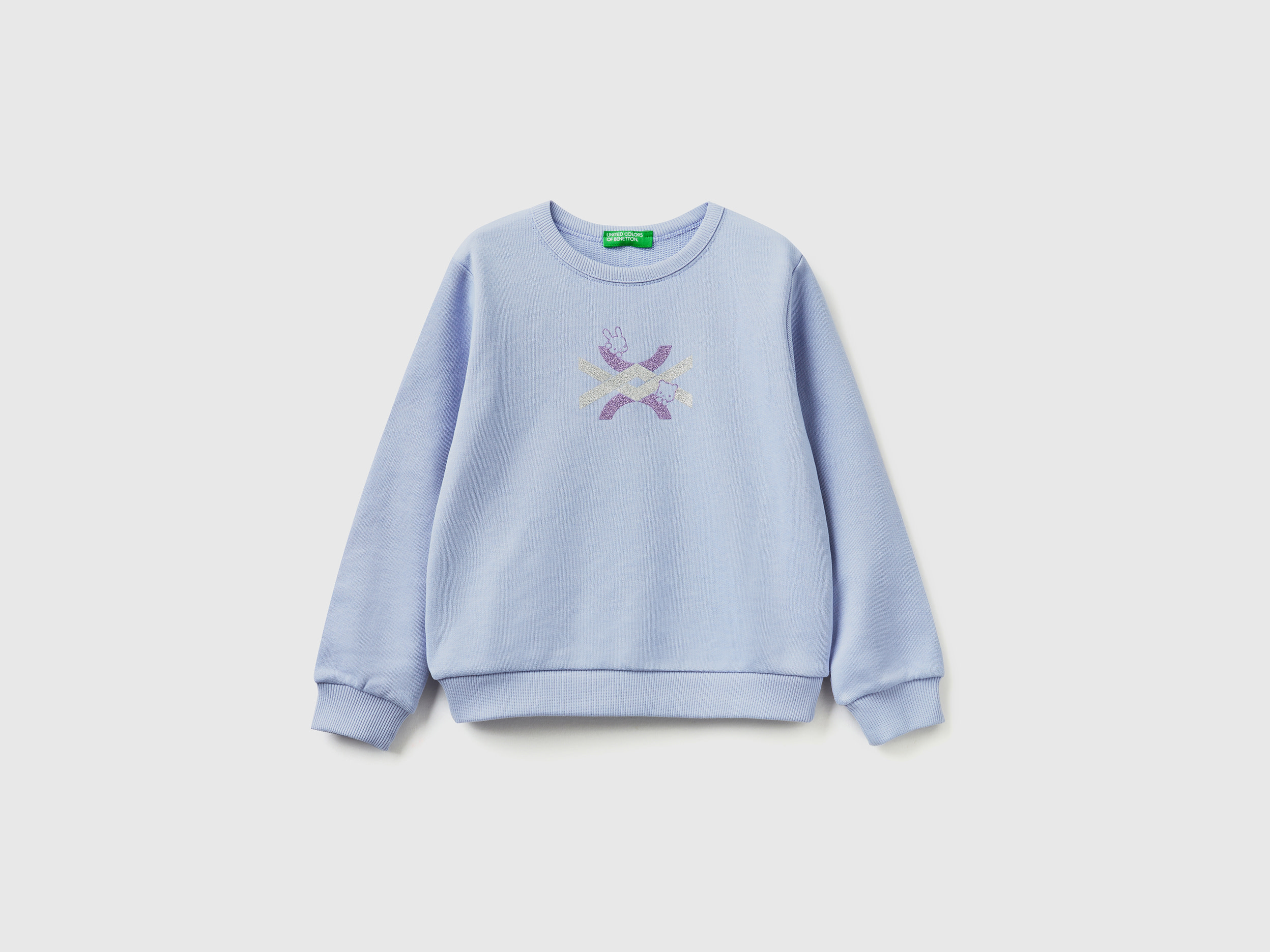 Benetton, Lilac Sweatshirt In Organic Cotton With Glittery Print, size 18-24, Lilac, Kids