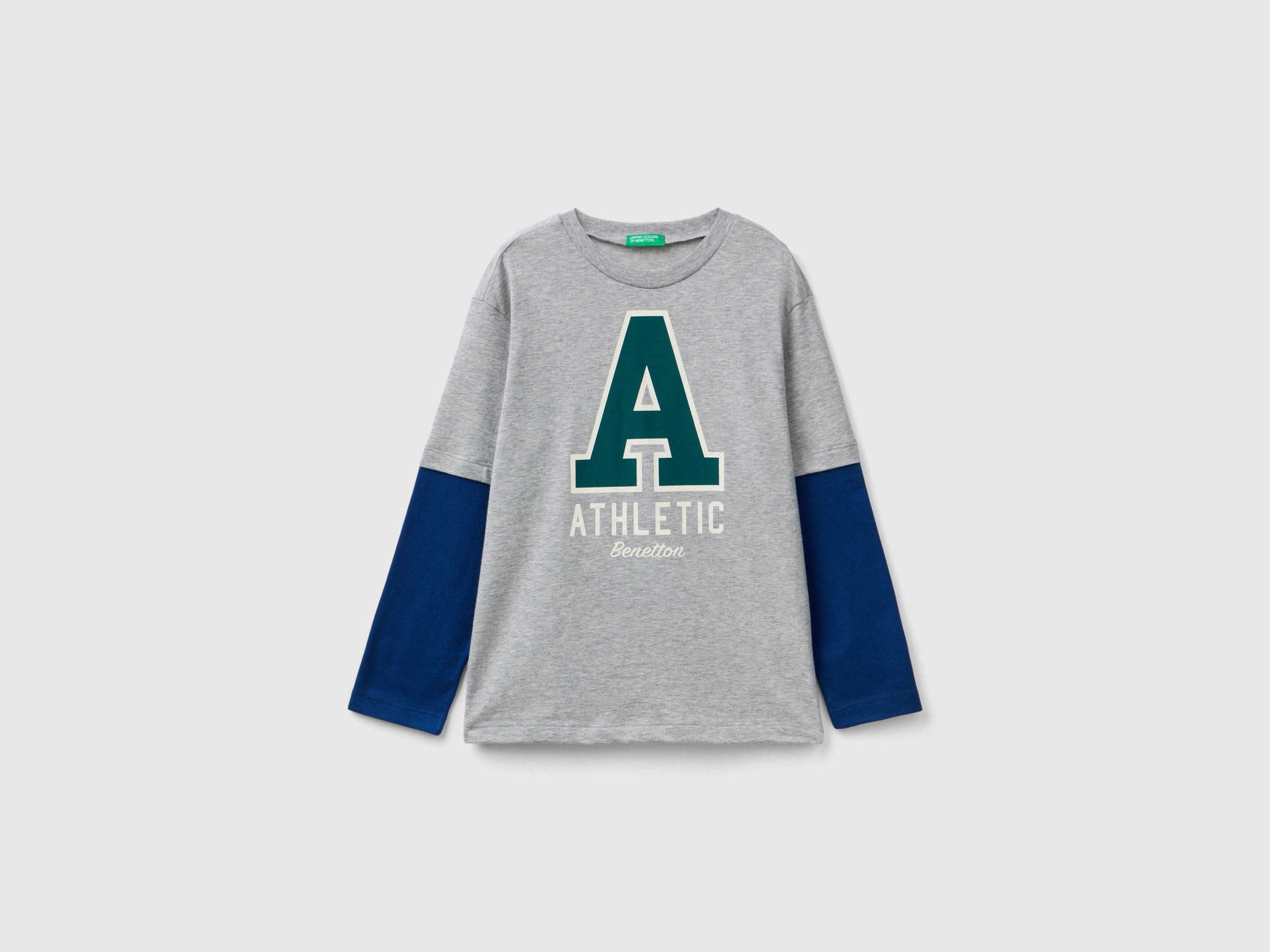 Benetton, Maglietta Con Doppia Manica In Cotone Bio, Grigio Chiaro, Bambini