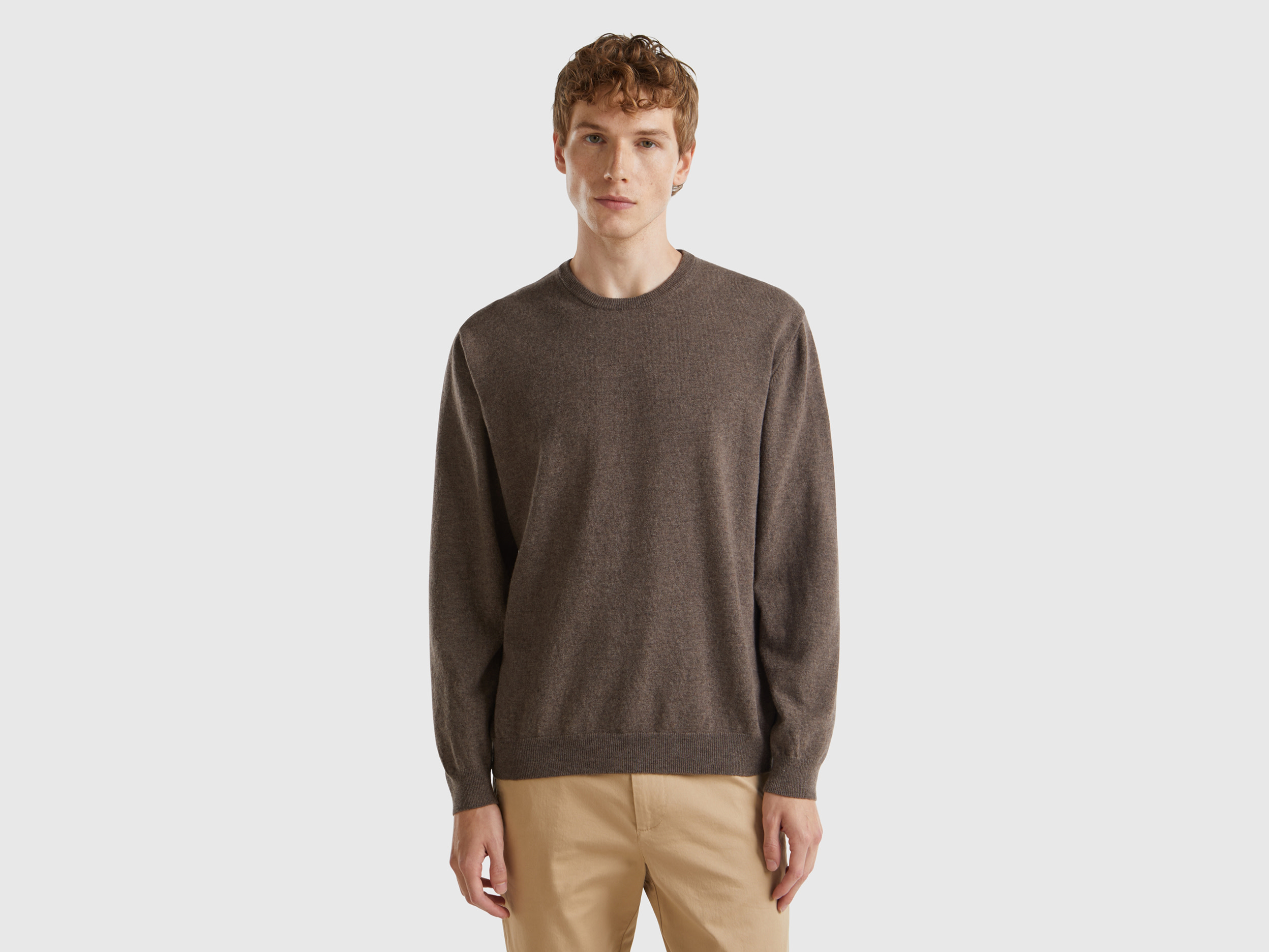 Benetton, Maglia Girocollo Marrone Scuro In Pura Lana Merino, Marrone Scuro, Uomo