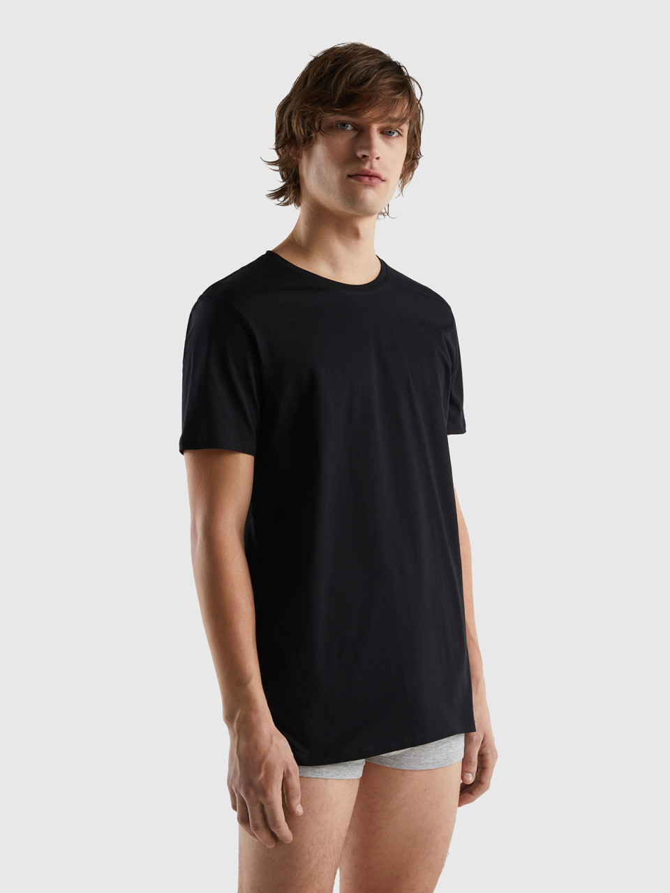 Benetton, T-shirt En Coton À Longues Fibres, Noir, Homme