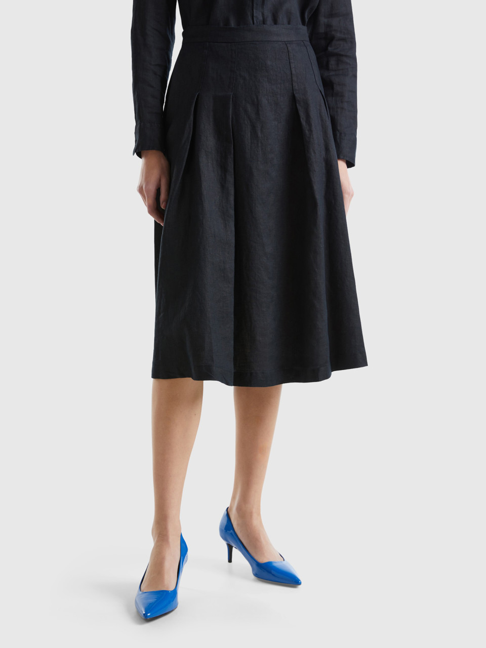 Benetton, Midi Skirt In Pure Linen, Black, Women