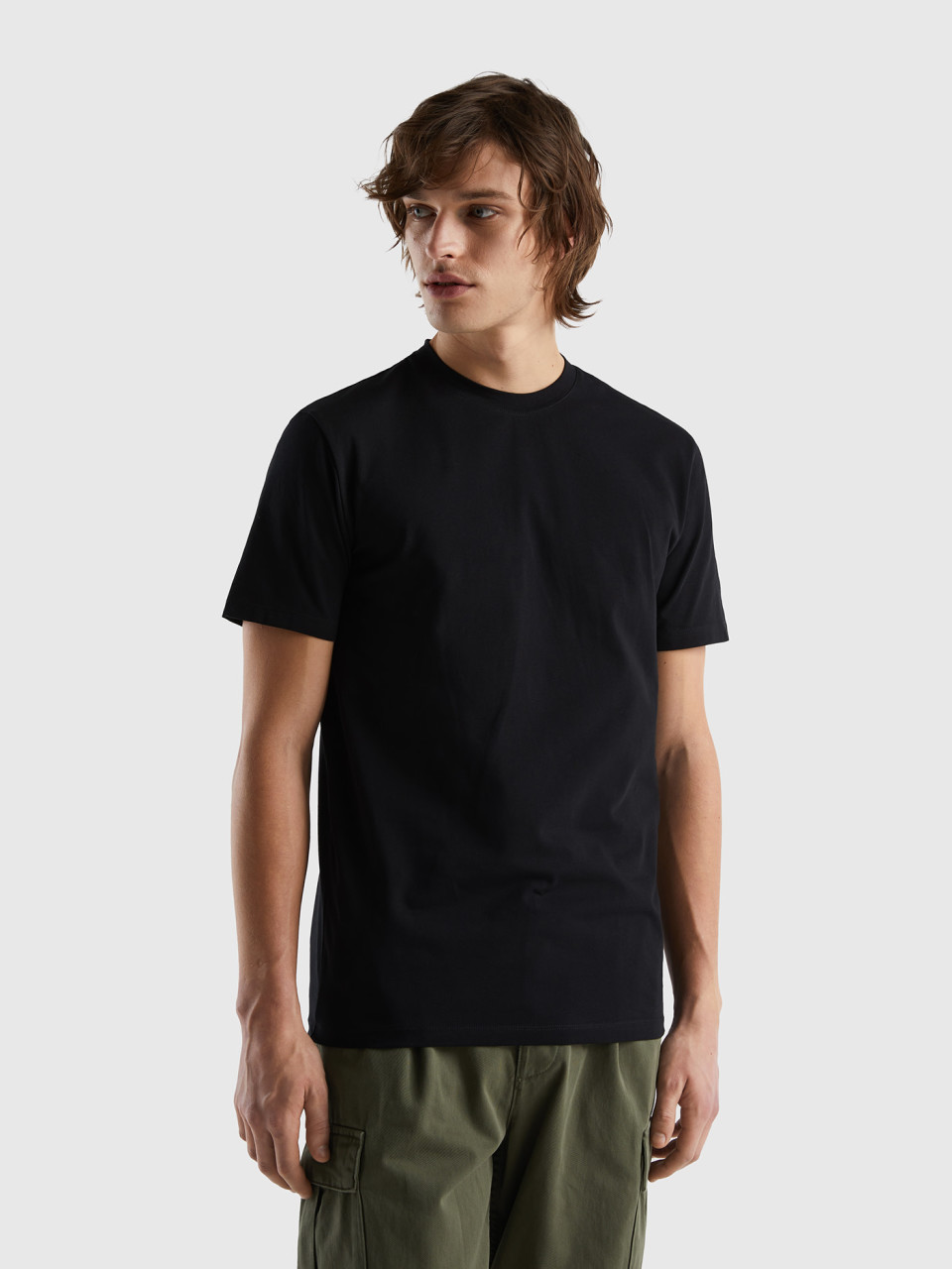 Benetton, T-shirt Ajusté En Coton Stretch, Noir, Homme