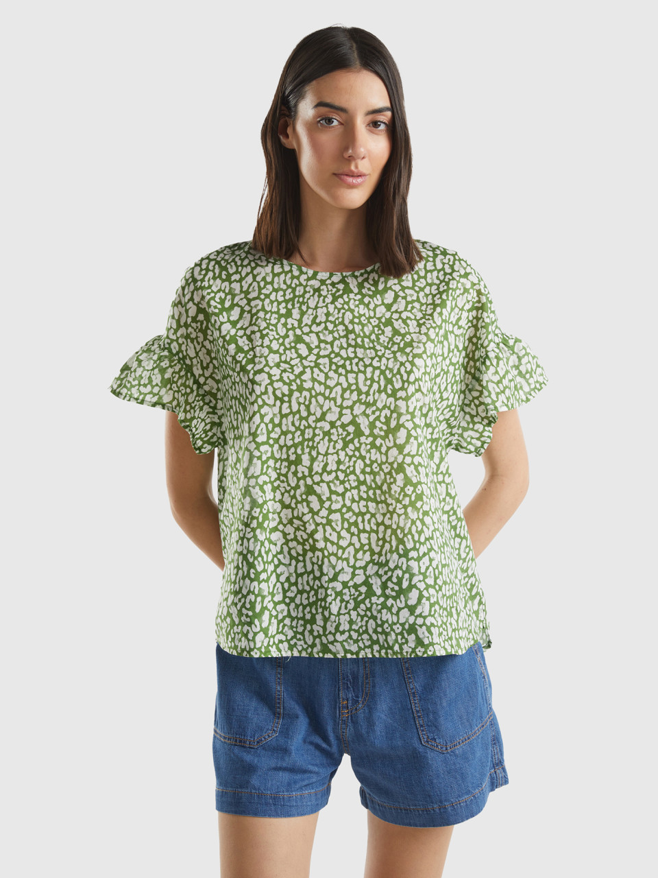 Benetton, Patterned Blouse In Light Cotton, Green, Women